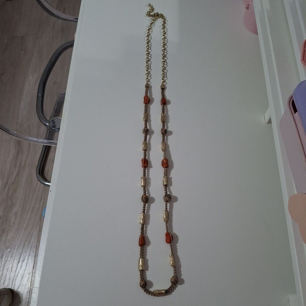 Chicos Long Orange Stone Rock Brown Woven Fabric Gold Tone Statement Necklace